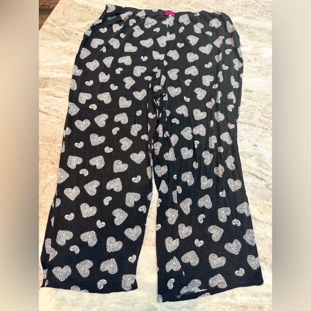 Womens Pajama Pants Lounge Black Heart Print Drawstring Wide Leg Sleepwear MED